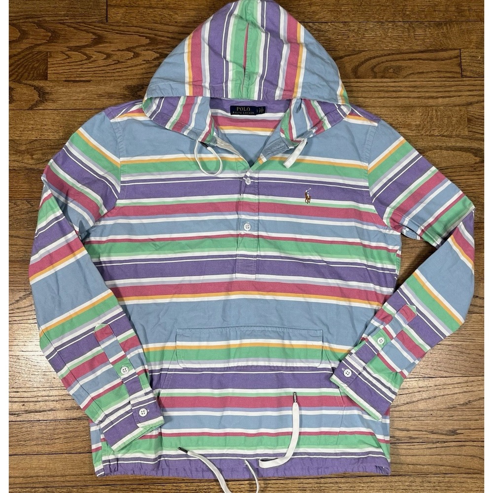 Polo Ralph Lauren Pastel Retro Pullover‎ Striped Cotton Hoodie Men's Sz Large